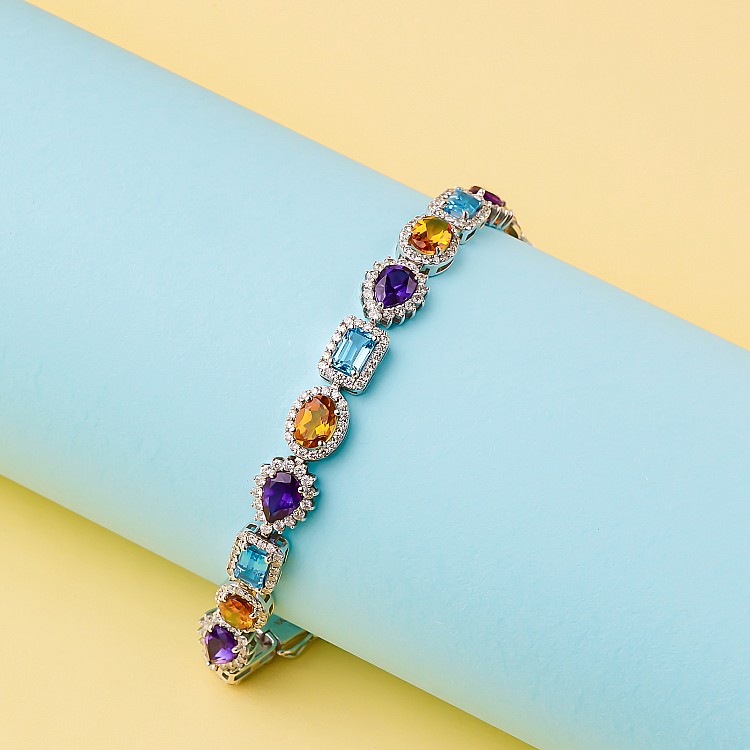 Fashion Gold Bracelet with Colored Stones, Topaz Amethyst Citrine and Diamonds br3899TpAmCiDi