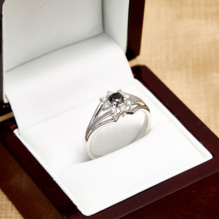 Halo Engagement Ring in 14k White Gold with Black Diamond and Colorless Diamonds i006DnDi