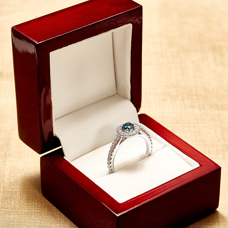 Halo Engagement Ring in 18k White Gold with Blue Diamond and Secondary Diamonds i122084DbDi