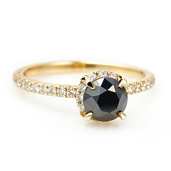 Halo Engagement Ring in 14k Yellow Gold with Black Diamond and Colorless Diamonds i164DnDi