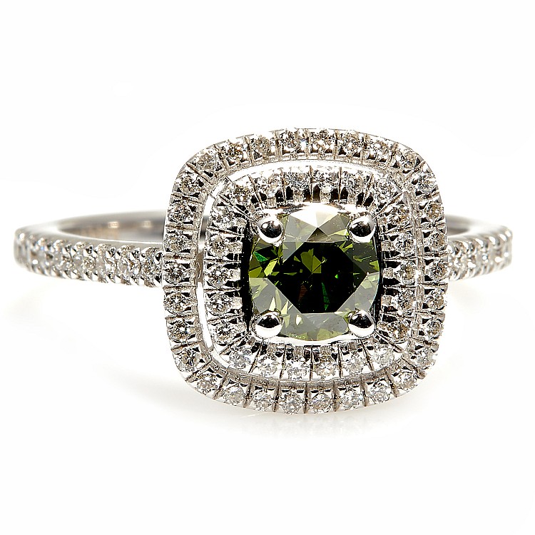 Verlovingsring i1903DvDi in goud met groene diamant en diamanten