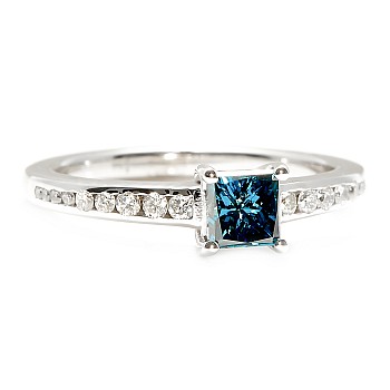 Gold Engagement Ring with Blue Princess Cut Central Diamond and Colorless Diamonds i122866DbDi