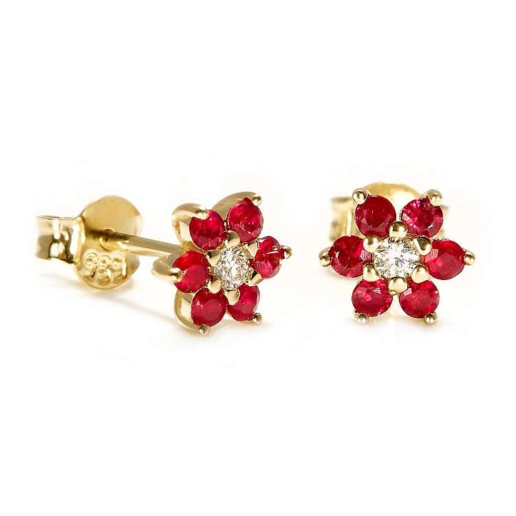 14k Yellow Gold Flower Earrings with Colorless Diamonds and Rubies c652dirb