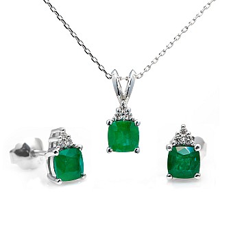 Set of Earrings and Pendant set2455smdi in Gold with Cushion Emeralds and Diamonds