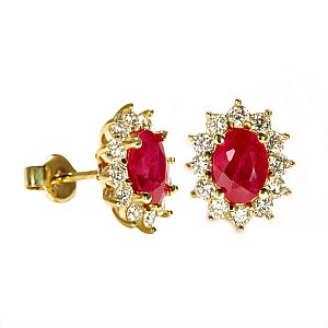 Kate Middleton Earrings in 14k Yellow Gold with Oval Rubies 7x5mm and Colorless Diamonds c055Rbdi