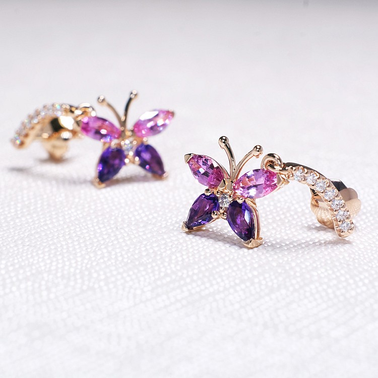 Goldohrringe im Schmetterlingsdesign c1174sfamdi mit Saphiren, Amethysten und Diamanten