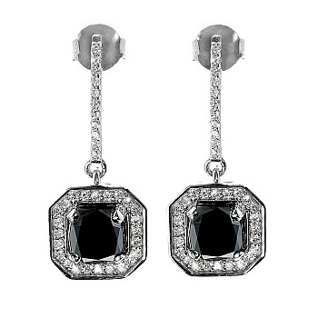 18K Gold Long Earrings with Cushion Black and Colorless Diamonds c1175DnChdi