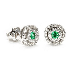 Halo Earrings in Gold or Platinum with Emeralds and Colorless Diamonds c1647SmDi