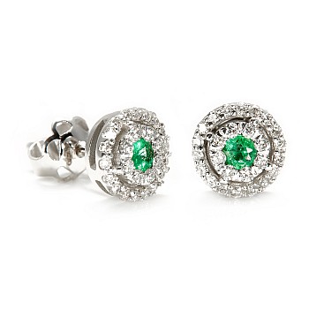 Halo Earrings in Gold or Platinum with Emeralds and Colorless Diamonds c1647SmDi