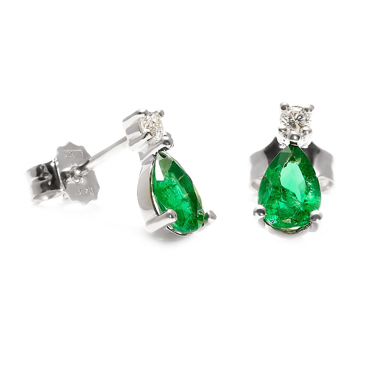 Gold Stud Earrings with Teardrop Emeralds and Diamonds c2038SmpaDi