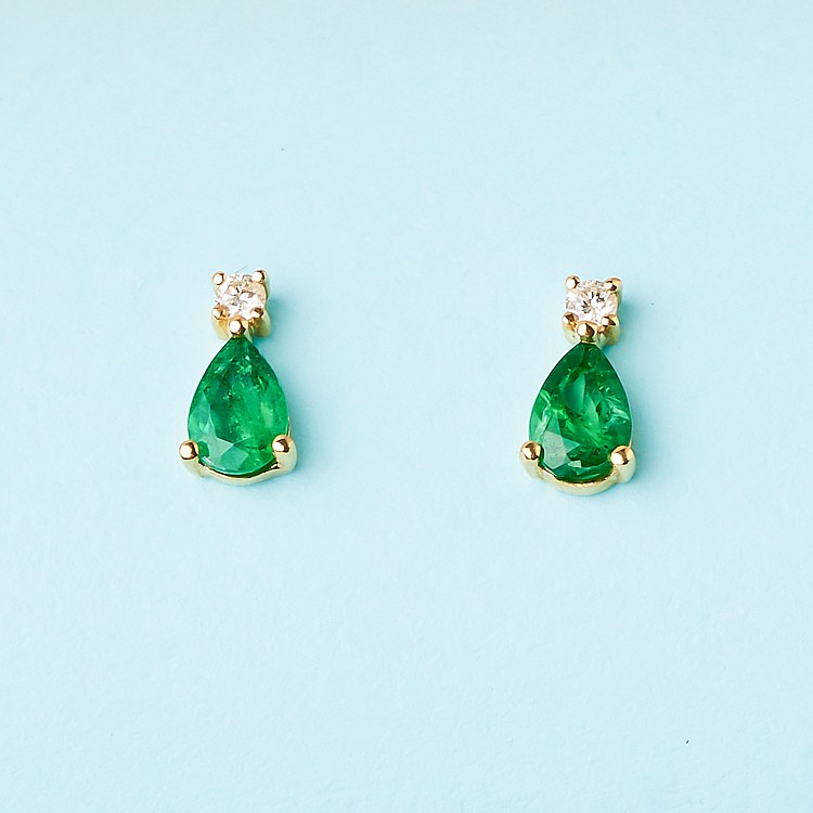 Gold Stud Earrings with Pearl Emeralds and Diamonds c2038SmpaDi