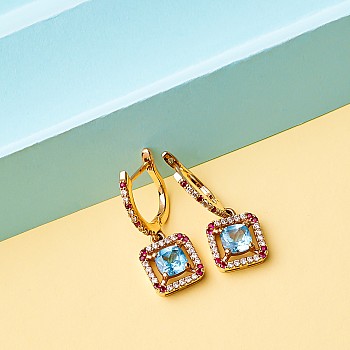 Gold Earrings with Topazes, Diamonds and Rubies c2705