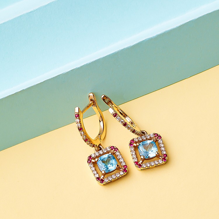 Gold Earrings with Topazes, Diamonds and Rubies c2705