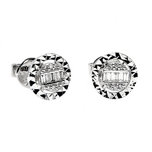 Round Gold Stud Earrings with Colorless Wand and Round Diamonds c3634