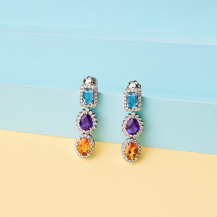 Fashion Gold Earrings with Colored Stones, Topaz Amethyst Citrine and Diamonds c3899TpAmCiDi