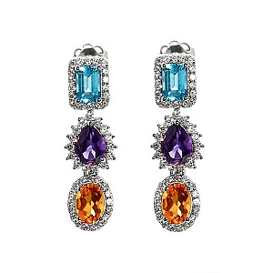 Fashion Gold Earrings with Colored Stones, Topaz Amethyst Citrine and Diamonds c3899TpAmCiDi