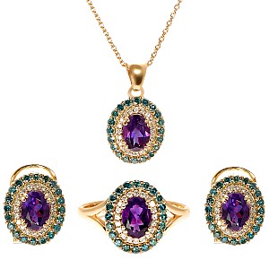 Complete Set of Gold Earrings and Pendant Ring with Amethyst and Natural Diamonds set1529AmDbDi