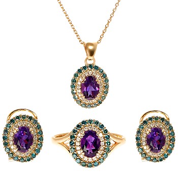 Complete Set of Gold Earrings and Pendant Ring with Amethyst and Natural Diamonds set1529AmDbDi