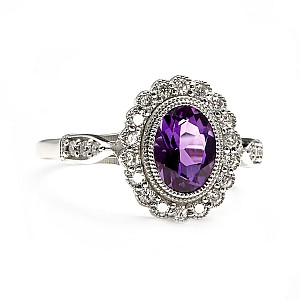 Vintage gift ring in 14k White Gold with Oval Amethyst and Colorless Diamonds i2938AmOvDi