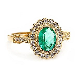 Anello regalo vintage in oro 14k con smeraldo ovale e diamanti incolori i2938SmOvDi