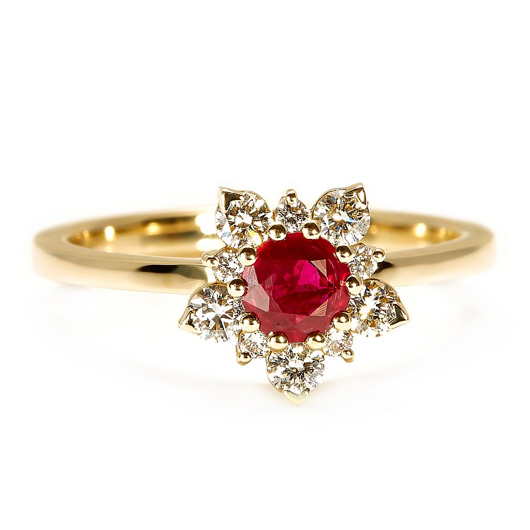 14k Yellow Gold Snowflake Engagement Ring with Ruby and Diamonds i740Rbdi