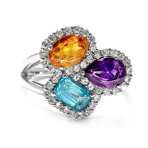 Fashion Ring in Gold with Colored Stones, Topaz Amethyst Citrine and Diamonds i3899TpAmCiDi