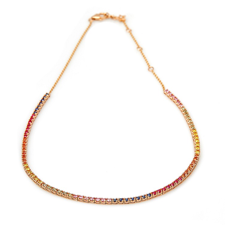 Gold Tennis Necklace with Colorless Diamond, Colored Sapphires and Rubies col2181