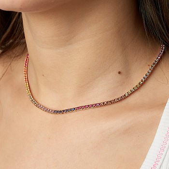 Gold Tennis Necklace with Colorless Diamond, Colored Sapphires and Rubies col2181