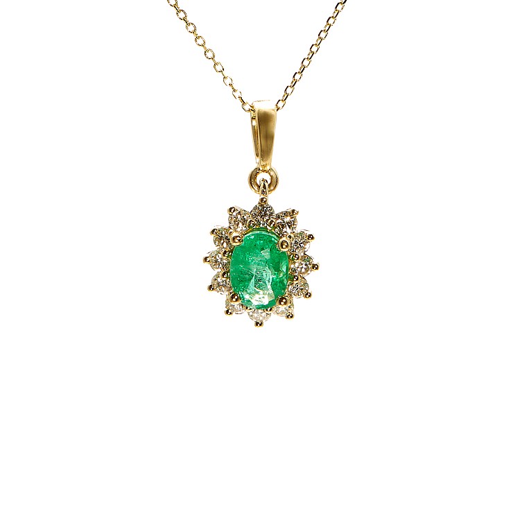 14k Yellow Gold Entourage Pendant with Oval Emerald and Colorless Diamonds pan055smdi