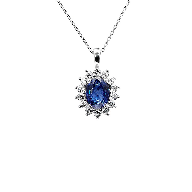 14k White Gold Entourage Pendant with Oval Sapphire and Colorless Diamonds pan055SfDi