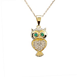 Gold or Platinum Owl Pendant with Diamonds and Emeralds pan1484