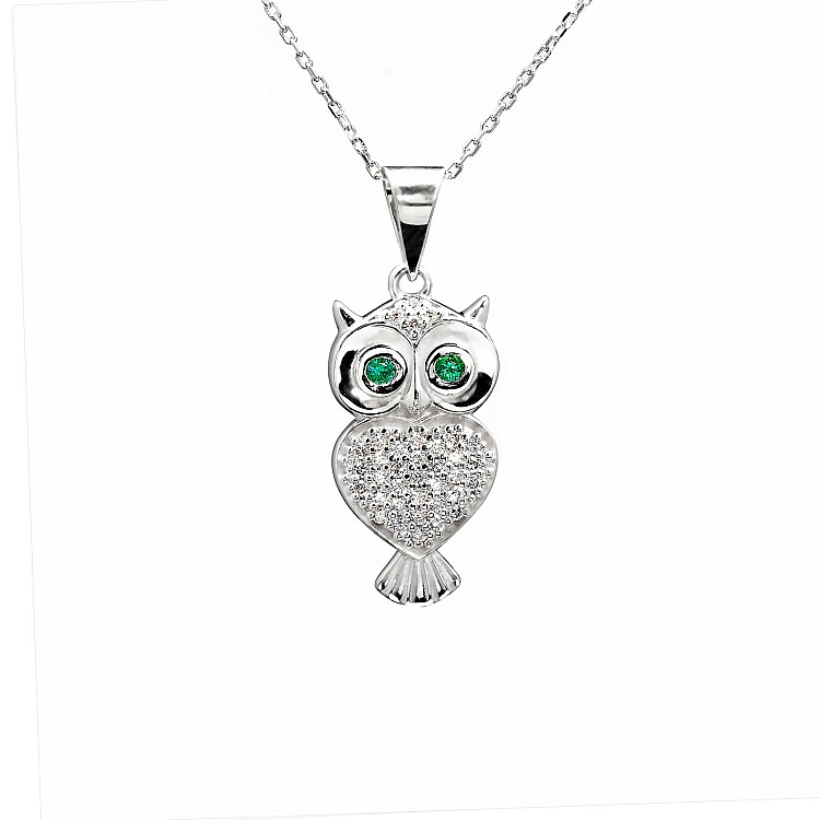 Gold or Platinum Owl Pendant with Diamonds and Emeralds pan1484