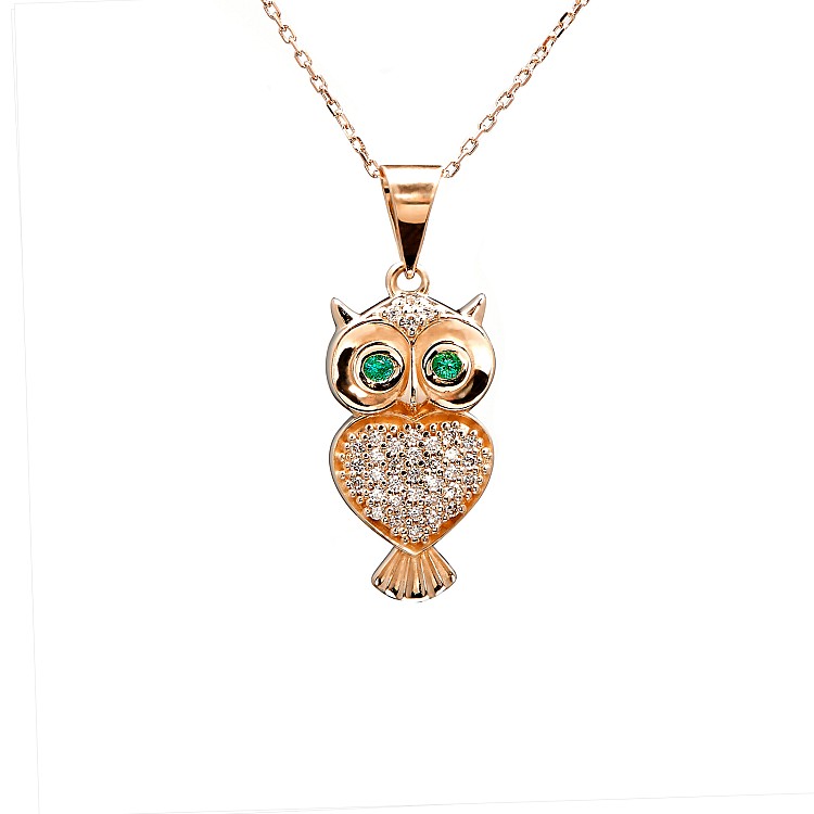 Gold or Platinum Owl Pendant with Diamonds and Emeralds pan1484