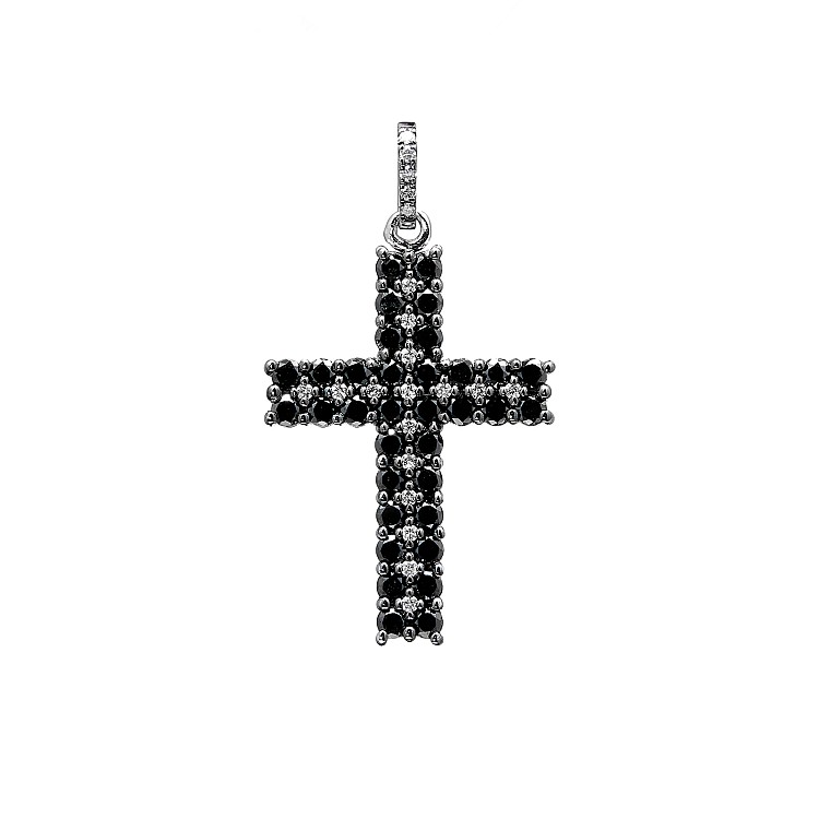 Gold or Platinum Cross Pendant with Colorless and Black Diamonds pan2964dndi