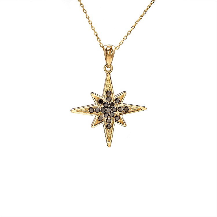 Gold North Star Pendant with Black Diamonds pan521dn