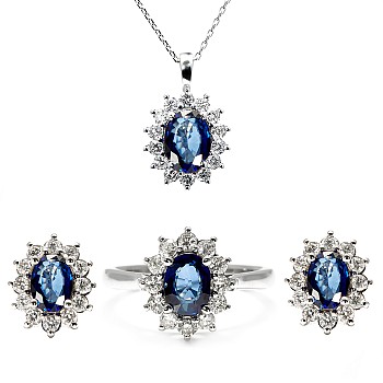 Complete Set Kate Middleton Ring Earrings and Pendant in Gold with Sapphires and Natural Diamonds set055SfDi