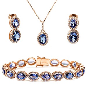 Fashion Set Bracelet, Pendant, and Earrings in Gold with Oval Tanzanite and Diamond set2118TzOvDi