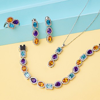 Fashion Set Earrings Ring Bracelet and Pendant in Gold with Colored Stones, Topaz Amethyst Citrine and Diamonds set3899TpAmCiDi