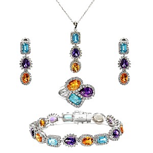 Fashion Set Earrings Ring Bracelet and Pendant in Gold with Colored Stones, Topaz Amethyst Citrine and Diamonds set3899TpAmCiDi