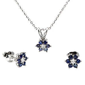 Flower Pendant and Earrings Set in Gold with Colorless Diamonds and Sapphires set652disf