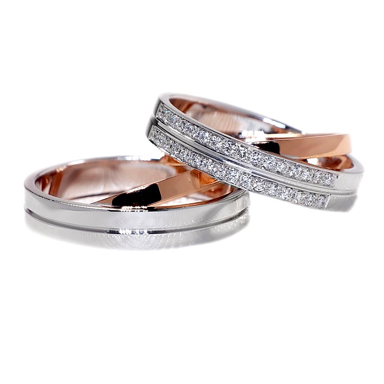 Wedding rings v1022 in two colors of gold or platinum with diamonds