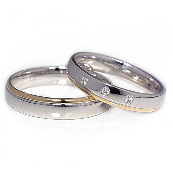 Wedding rings v1096 in White and Yellow Gold with Diamonds