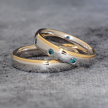 Wedding rings v1096db in White and Yellow Gold with Blue Diamonds