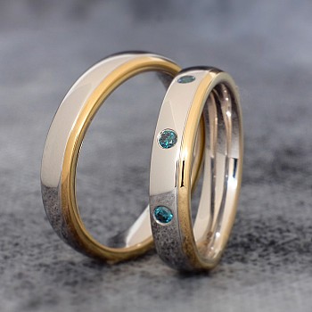 Wedding rings v1096db in White and Yellow Gold with Blue Diamonds