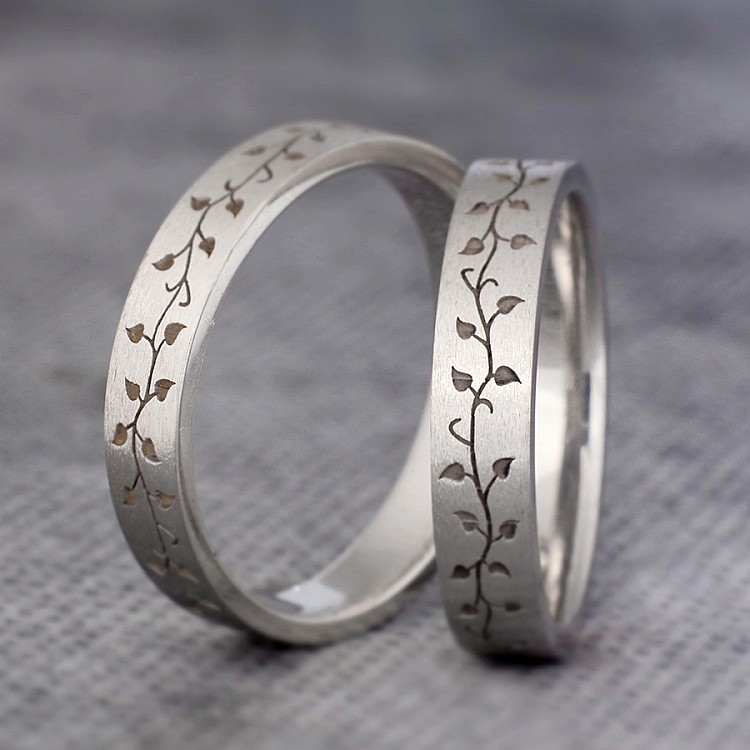 Wedding rings v1189 in Gold or Platinum with Laser Pattern Inspired by Nature