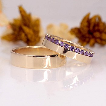 Wedding rings v140am Full Stone in Gold or Platinum with Amethysts