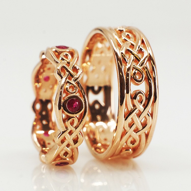 Wedding rings Celtic Model v1542rb in Gold or Platinum with Rubies