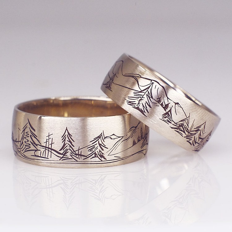 Wedding rings v1680 with Landscape in Gold or Platinum