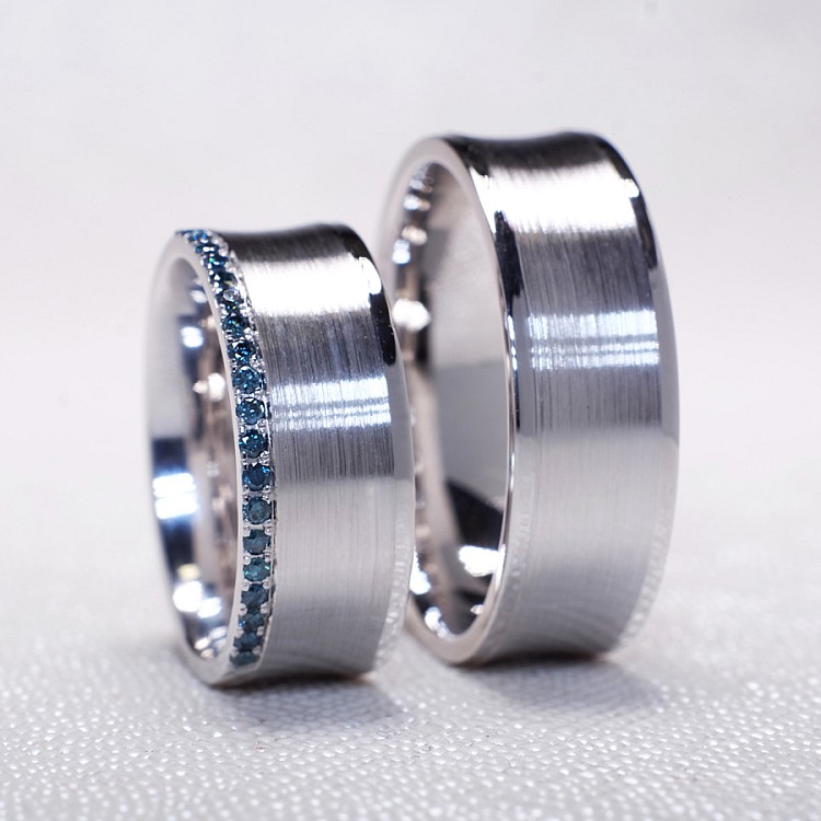 Barcuta v170 Gold or Platinum Wedding Rings with Blue Diamonds