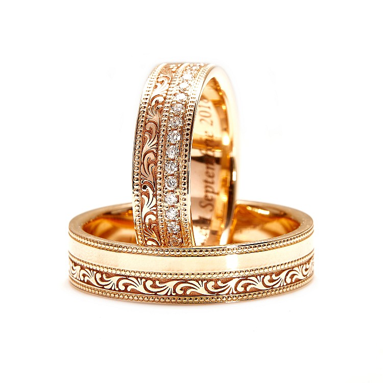 Wedding rings from Gold or Platinum with Laser pattern and Diamonds v4084